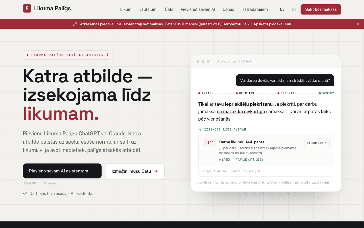 Likuma Palīgs — Latvian law AI assistant grounded in likumi.lv citations
