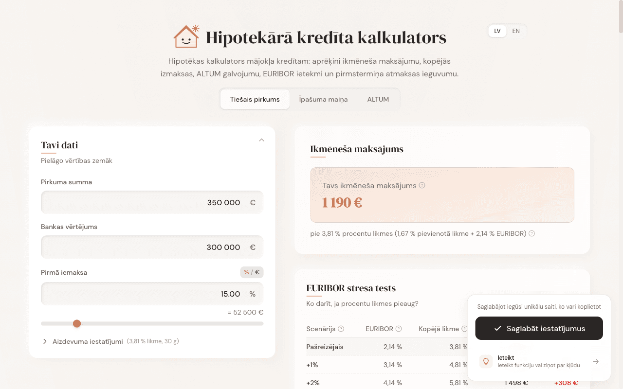 Mana Hipotēka — Latvian mortgage calculator with ALTUM and EURIBOR math